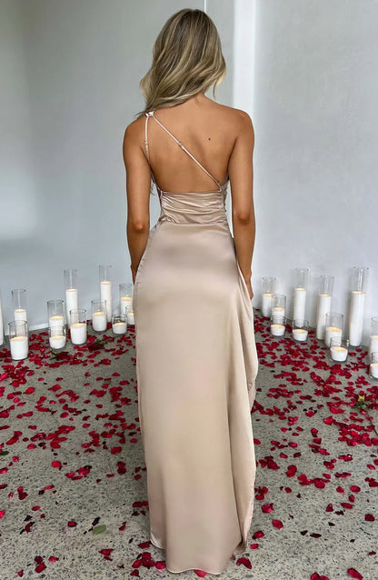 One Shoulder Ruched Satin High Split Column Maxi Gown
