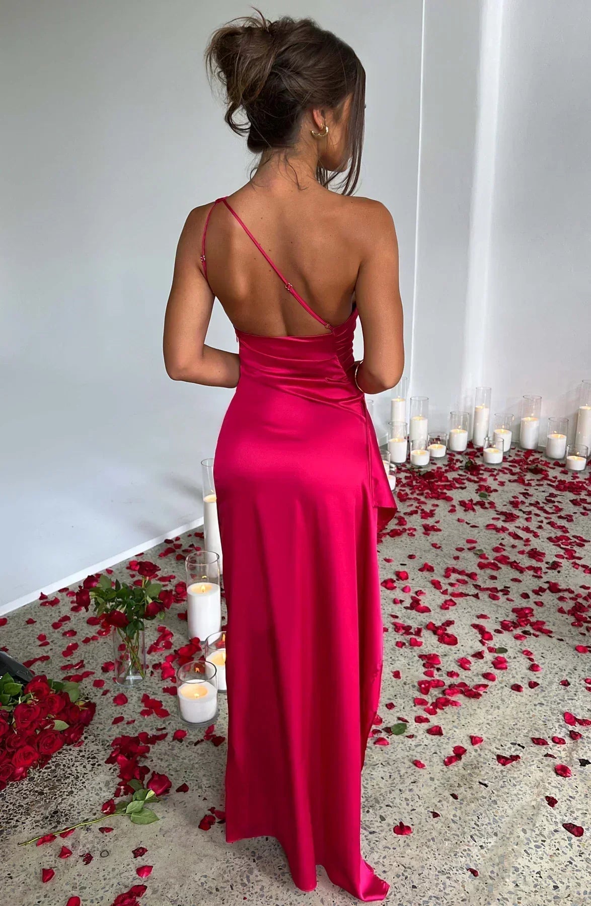One Shoulder Ruched Satin High Split Column Maxi Gown