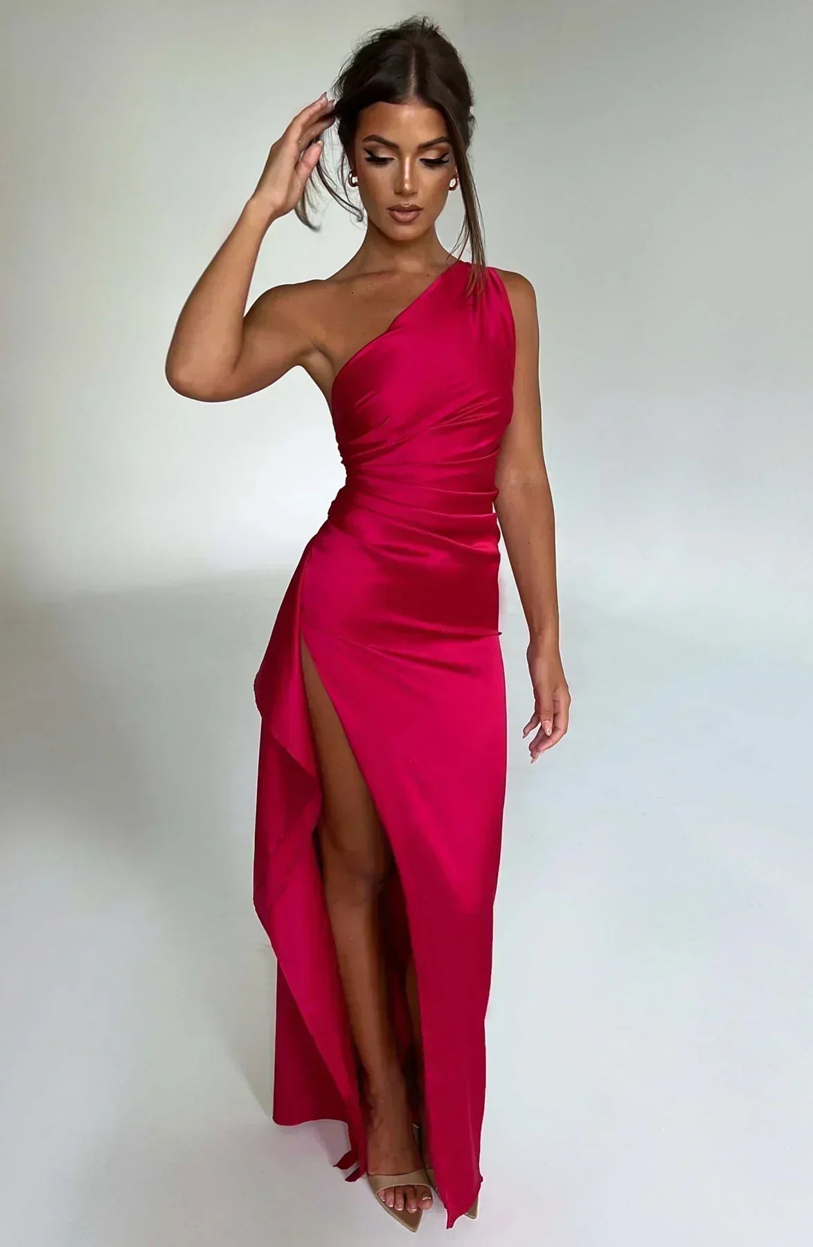 Satin One-Shoulder Ruched Thigh Slit Column Maxi Gown