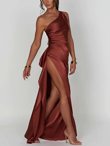 | One-Shoulder Satin Maxi Dress