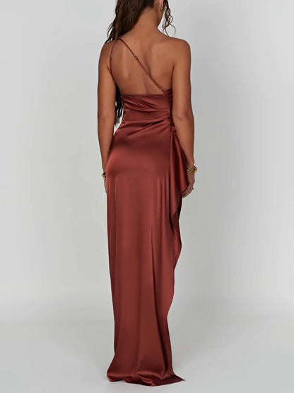 | One-Shoulder Satin Maxi Dress