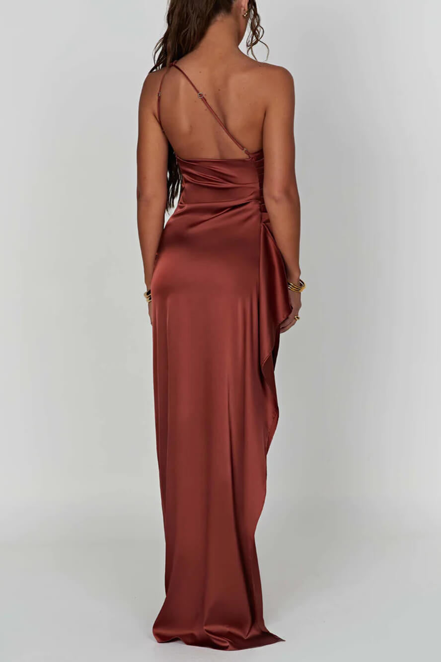 One-Shoulder Ruched Satin High Slit Draped Ruffle Trim Maxi Gown