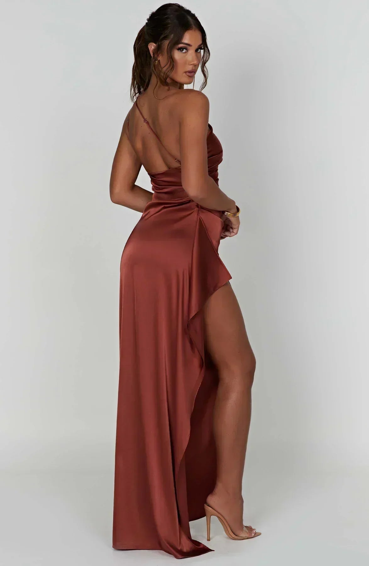 Satin One-Shoulder Ruched Thigh Slit Column Maxi Gown