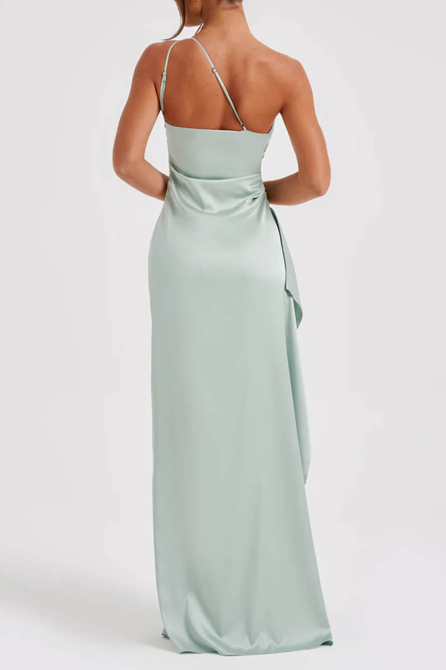 One-Shoulder Ruched Satin High Slit Draped Ruffle Trim Maxi Gown
