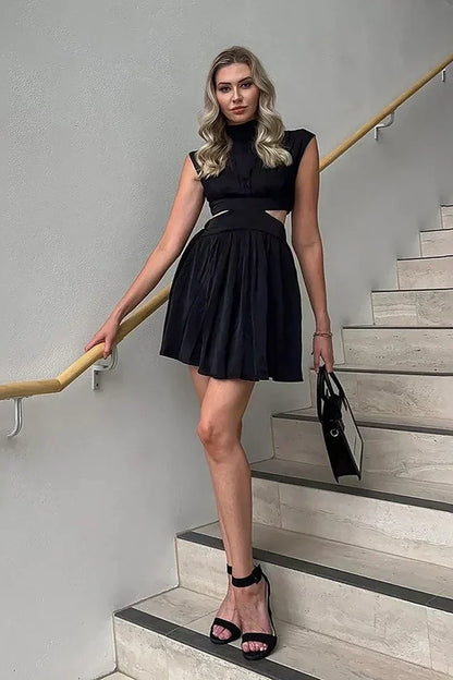 Satin Mock Neck Cap Sleeve Side Cut Out Flared Pleated Mini Dress