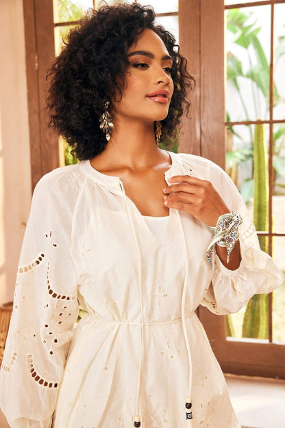 Eyelet Embroidery Tassel Tie Puff Sleeve Scalloped Hem Midi Dress