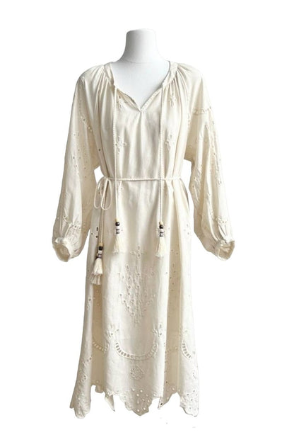 Eyelet Embroidery Tassel Tie Puff Sleeve Scalloped Hem Midi Dress