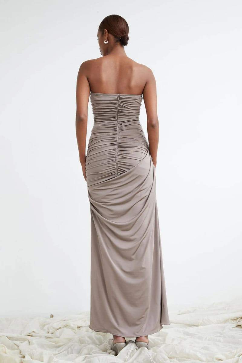 Strapless Ruched Bodice Draped Column Floor Length Maxi Dress