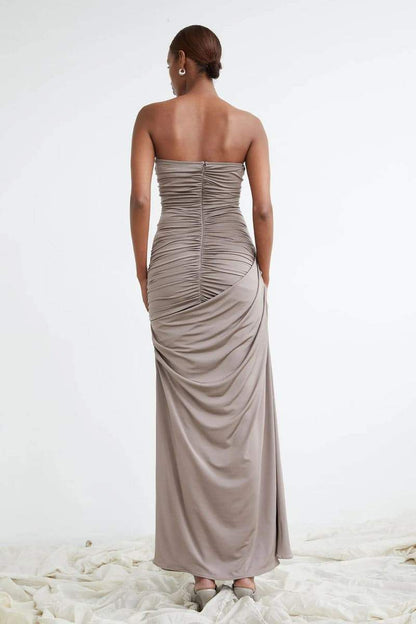 Strapless Ruched Bodice Draped Column Floor Length Maxi Dress