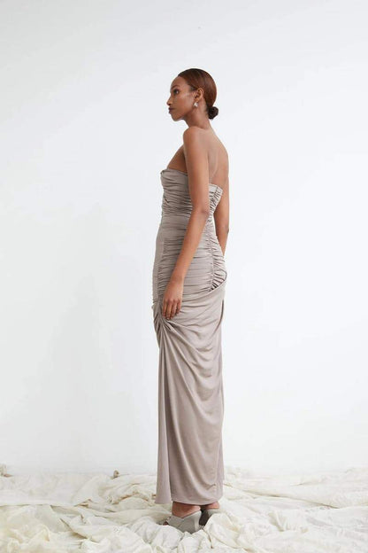 Strapless Ruched Bodice Draped Column Floor Length Maxi Dress