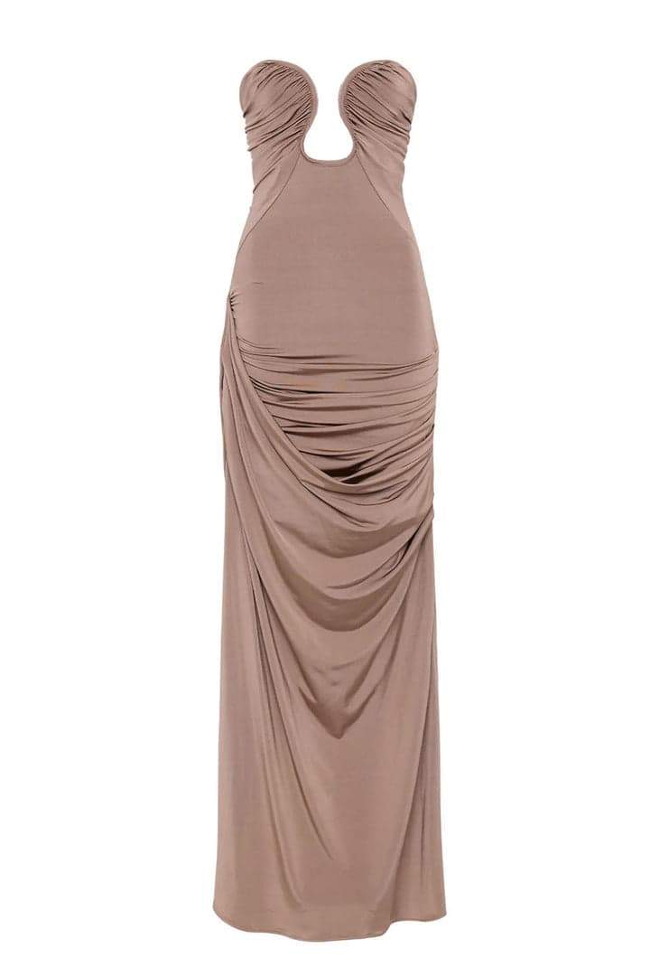 Strapless Ruched Bodice Draped Column Floor Length Maxi Dress