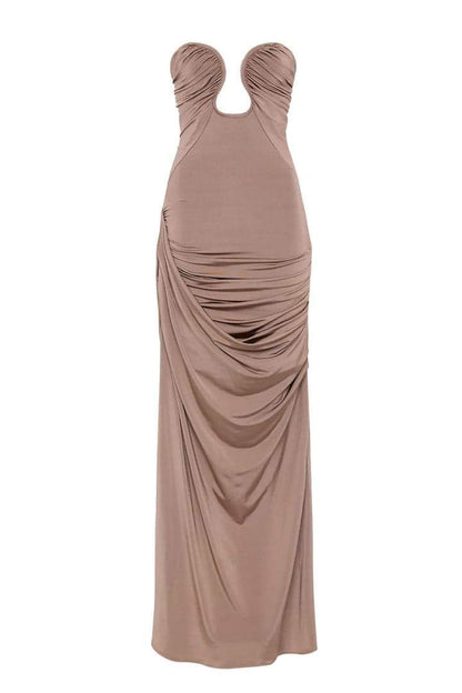 Strapless Ruched Bodice Draped Column Floor Length Maxi Dress