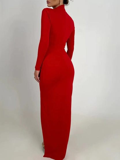 Mock Neck Mesh Cutout Long Sleeve Padded Shoulder Bodycon Maxi Dress