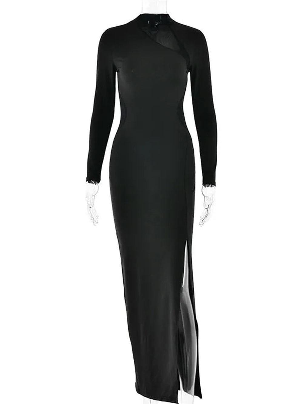 Mock Neck Mesh Cutout Long Sleeve Padded Shoulder Bodycon Maxi Dress