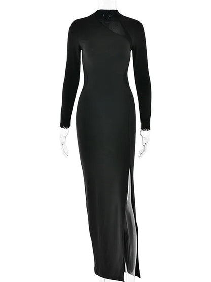 Mock Neck Mesh Cutout Long Sleeve Padded Shoulder Bodycon Maxi Dress