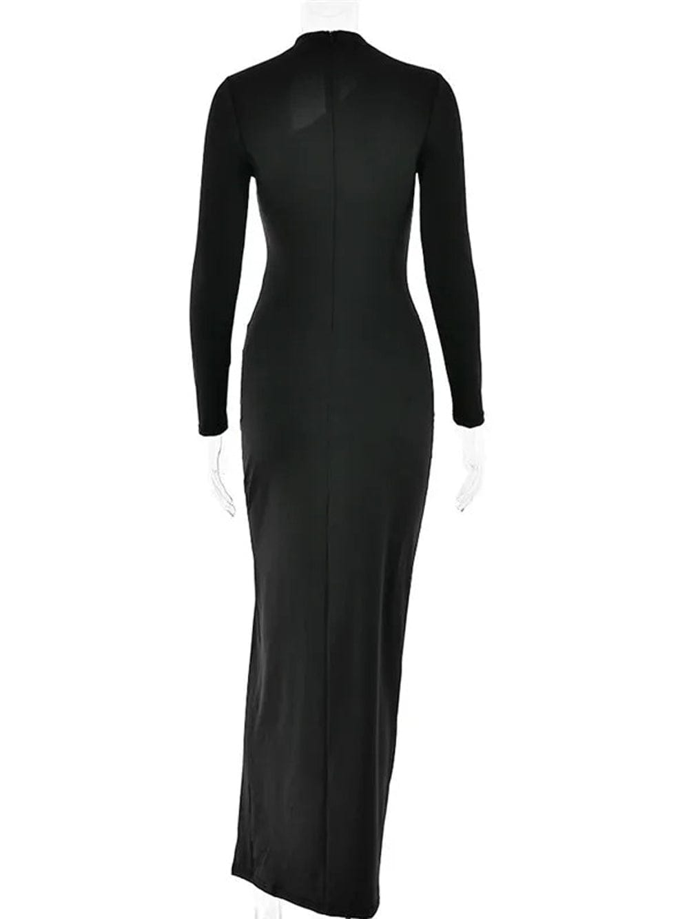 Mock Neck Mesh Cutout Long Sleeve Padded Shoulder Bodycon Maxi Dress