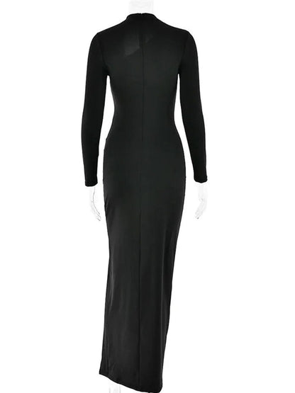 Mock Neck Mesh Cutout Long Sleeve Padded Shoulder Bodycon Maxi Dress