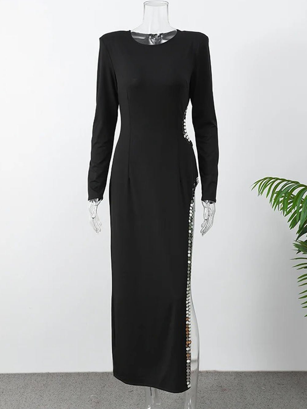 Padded Shoulder Sequin Trim Waist Cutout High-Slit Maxi Gown