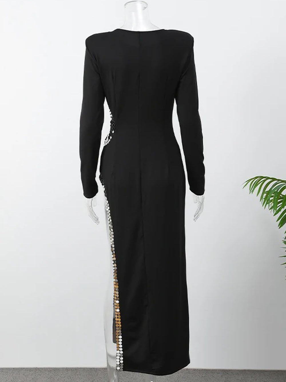 Padded Shoulder Sequin Trim Waist Cutout High-Slit Maxi Gown