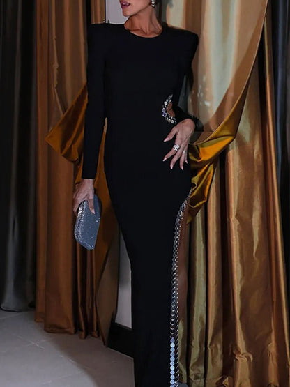 Padded Shoulder Sequin Trim Waist Cutout High-Slit Maxi Gown