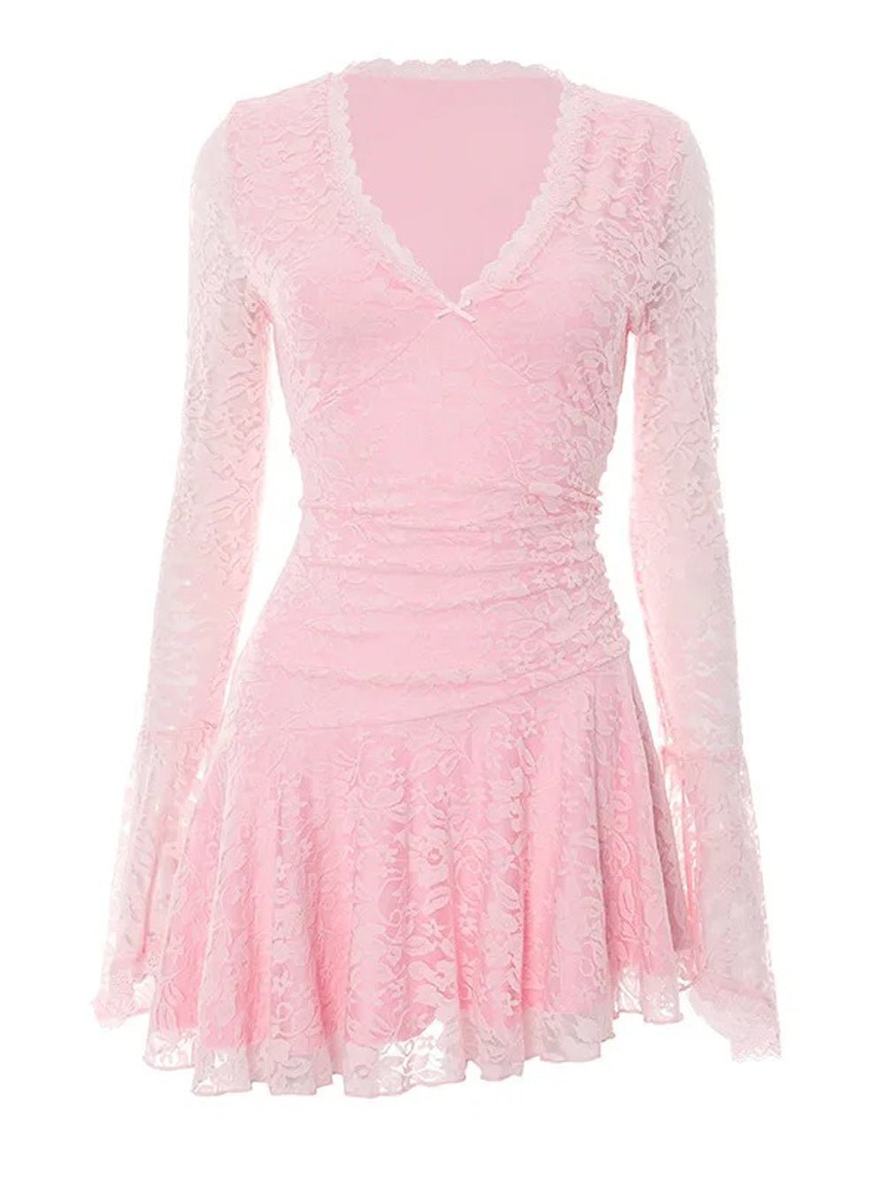Lace Deep V-Neck Bell Sleeve Ruched Waist Asymmetrical Hem Mini Dress