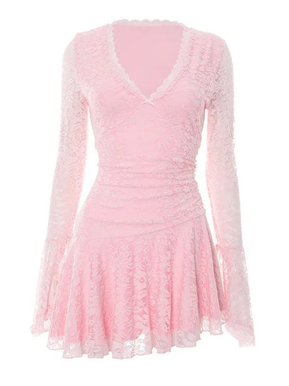 Lace Deep V-Neck Bell Sleeve Ruched Waist Asymmetrical Hem Mini Dress