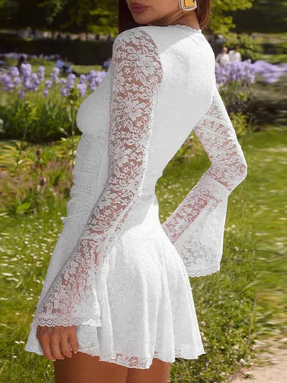 Lace Deep V-Neck Bell Sleeve Ruched Waist Asymmetrical Hem Mini Dress