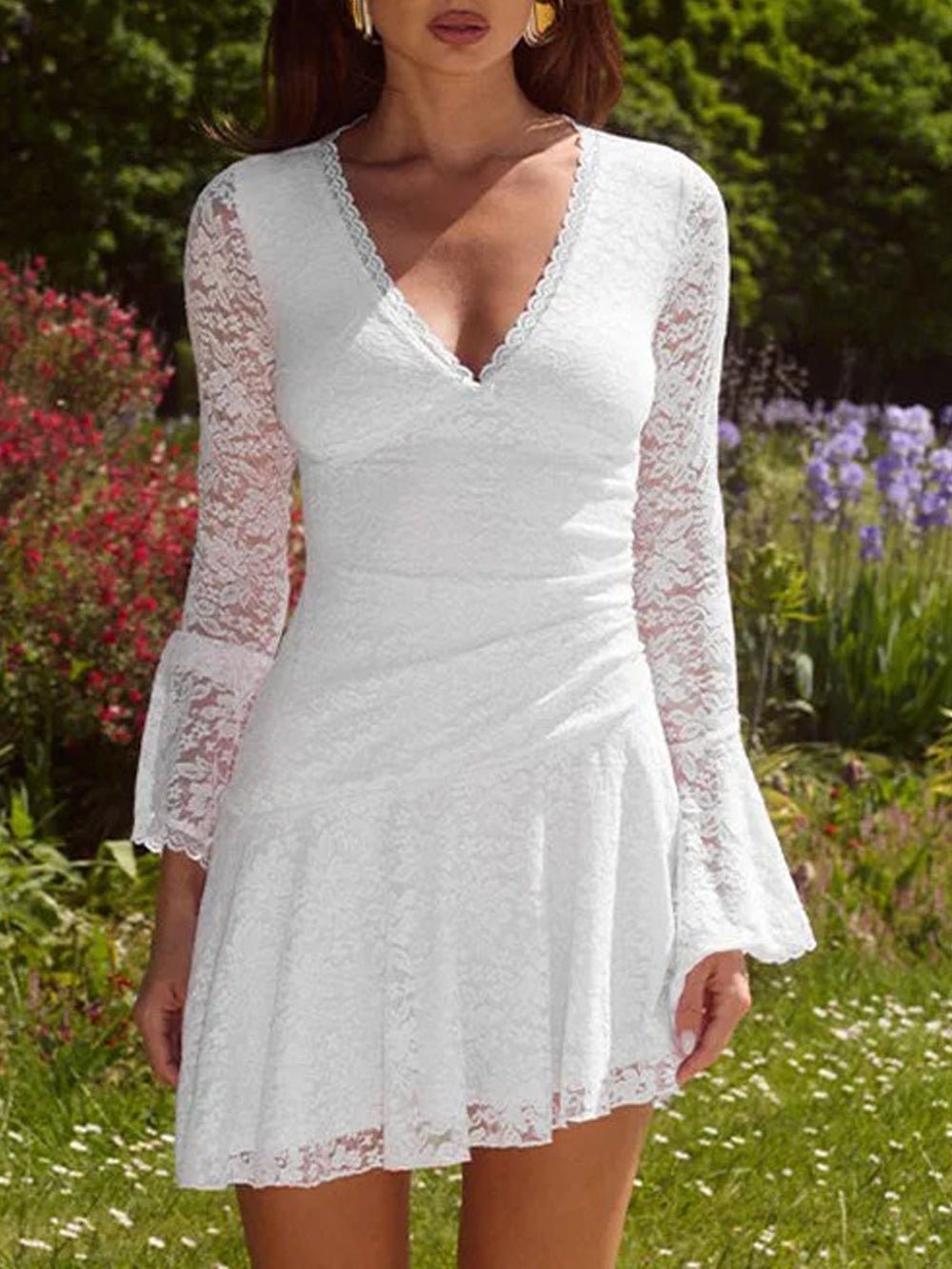 Lace Deep V-Neck Bell Sleeve Ruched Waist Asymmetrical Hem Mini Dress