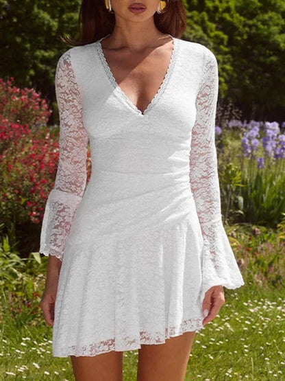 Lace Deep V-Neck Bell Sleeve Ruched Waist Asymmetrical Hem Mini Dress