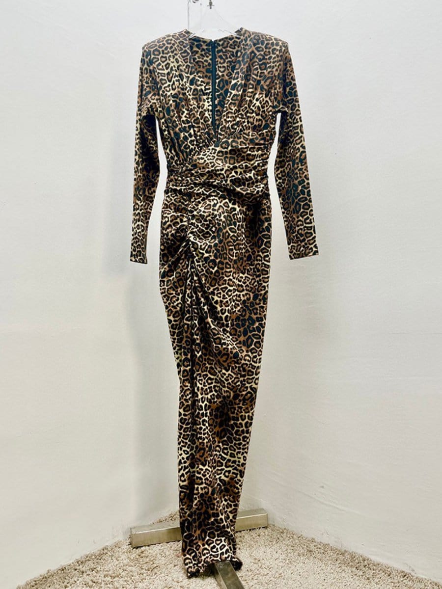 Print Zip Plunging V-Neck Ruched Long Sleeve Front Slit Maxi Dress