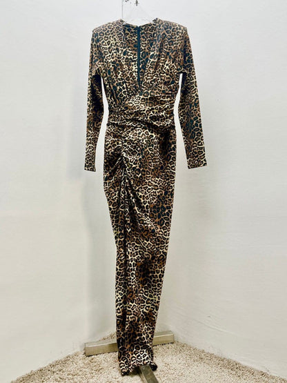 Print Zip Plunging V-Neck Ruched Long Sleeve Front Slit Maxi Dress