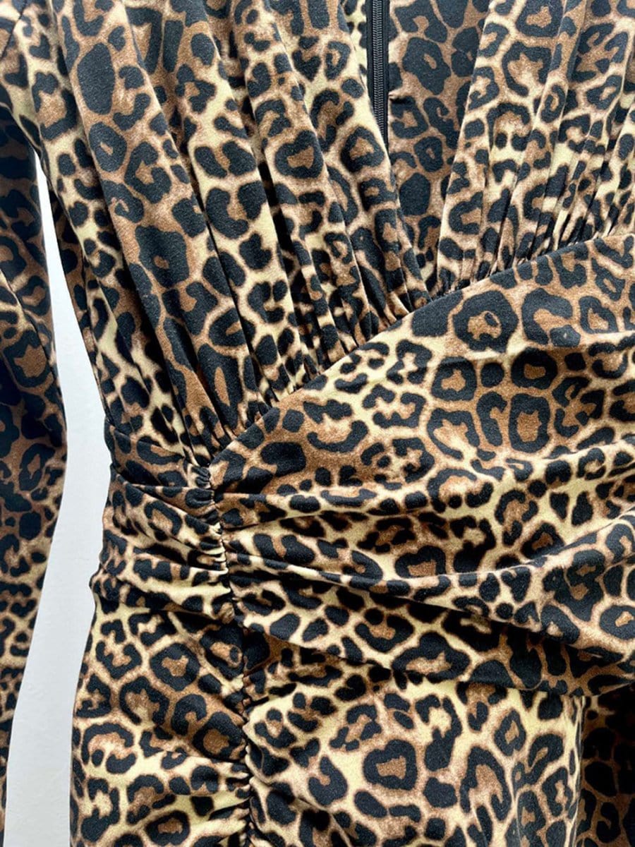 Print Zip Plunging V-Neck Ruched Long Sleeve Front Slit Maxi Dress