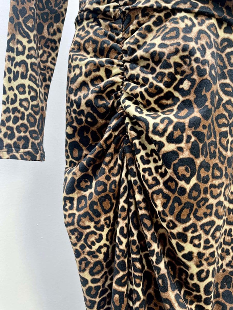 Print Zip Plunging V-Neck Ruched Long Sleeve Front Slit Maxi Dress