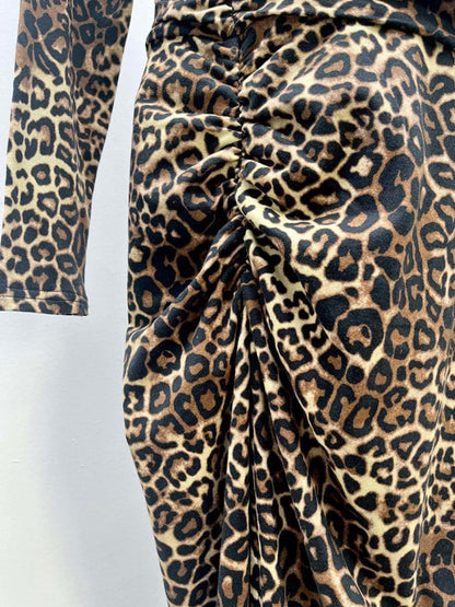 Print Zip Plunging V-Neck Ruched Long Sleeve Front Slit Maxi Dress