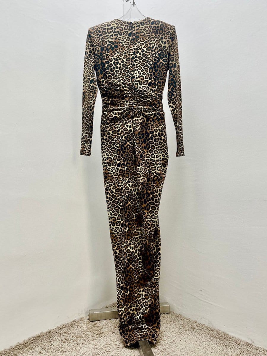 Print Zip Plunging V-Neck Ruched Long Sleeve Front Slit Maxi Dress