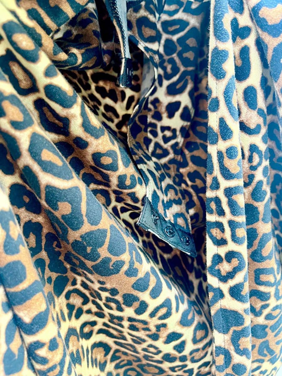 Print Zip Plunging V-Neck Ruched Long Sleeve Front Slit Maxi Dress