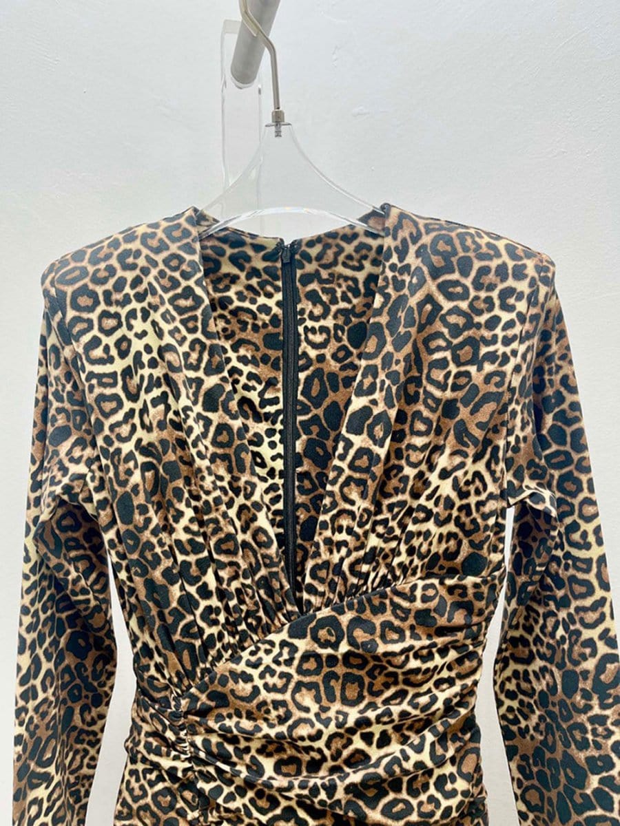 Print Zip Plunging V-Neck Ruched Long Sleeve Front Slit Maxi Dress