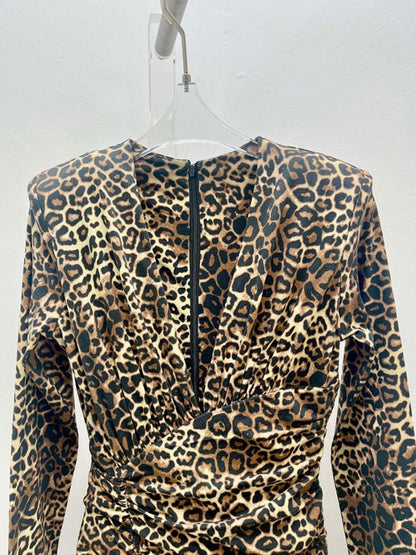 Print Zip Plunging V-Neck Ruched Long Sleeve Front Slit Maxi Dress