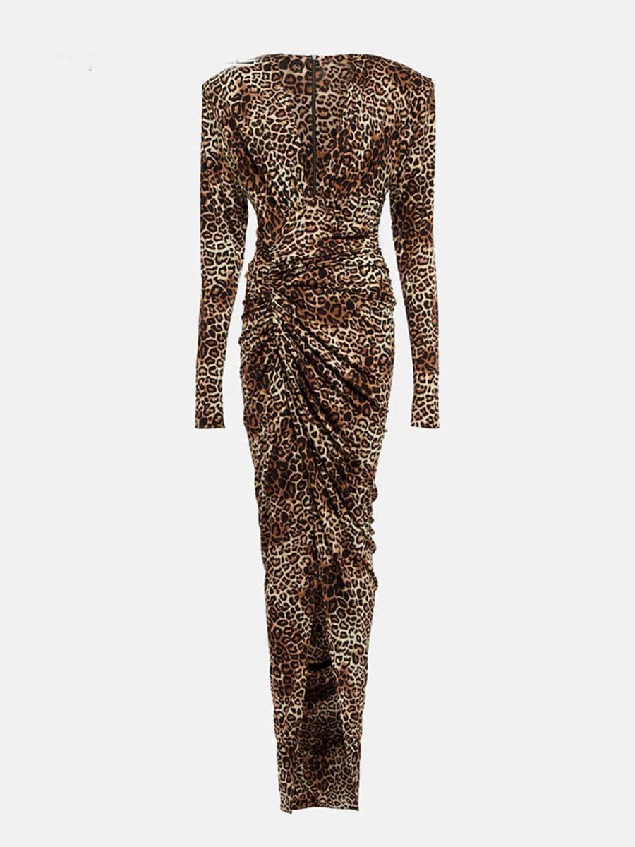 Print Zip Plunging V-Neck Ruched Long Sleeve Front Slit Maxi Dress