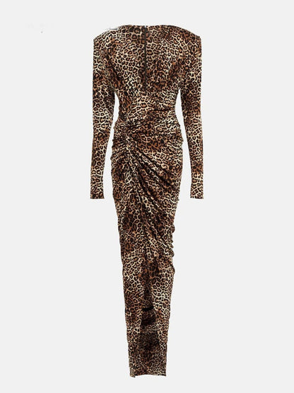 Print Zip Plunging V-Neck Ruched Long Sleeve Front Slit Maxi Dress
