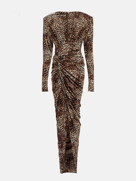 Print Zip Plunging V-Neck Ruched Long Sleeve Front Slit Maxi Dress