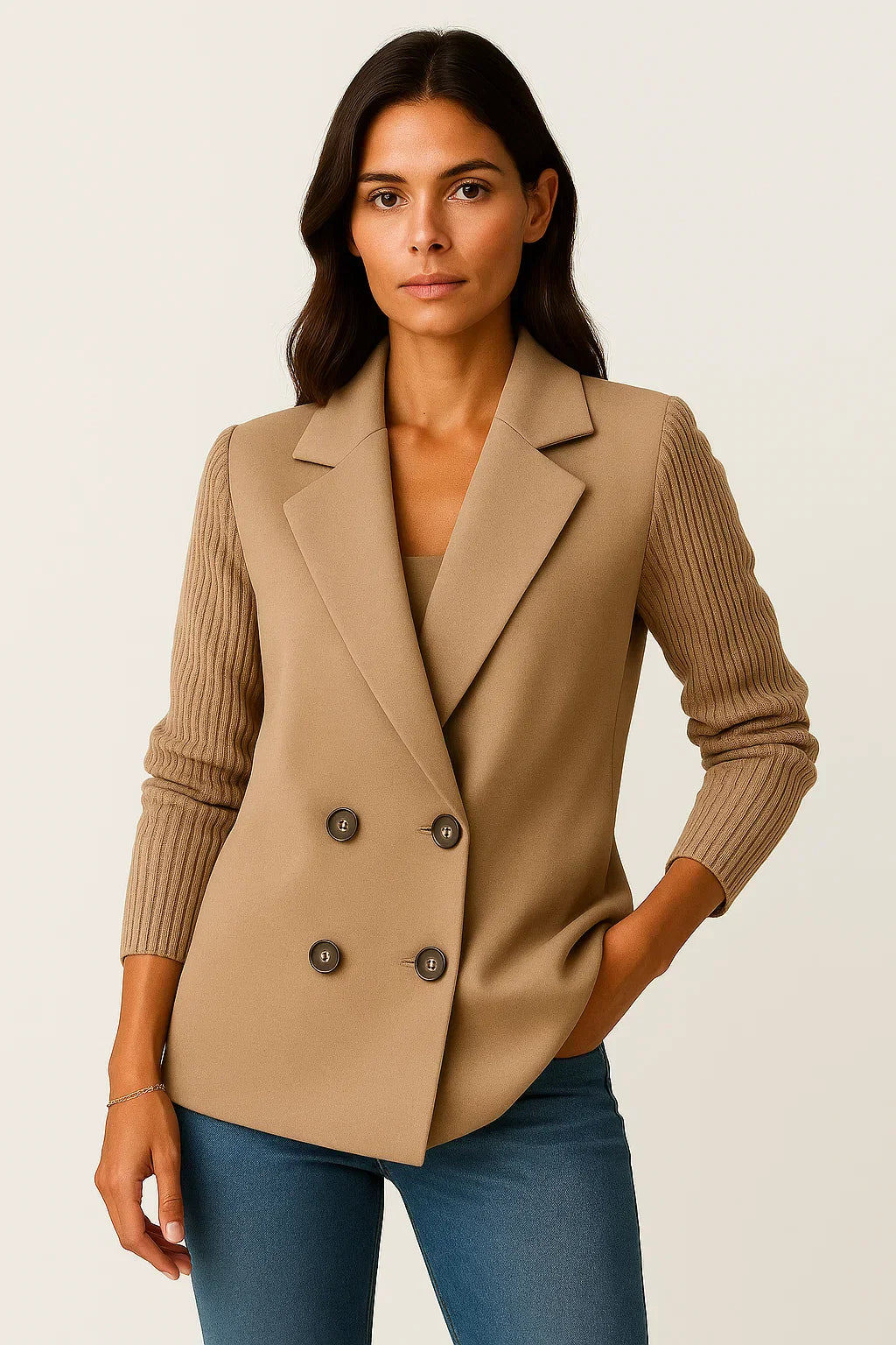 Atelier Knit-Sleeve Blazer | Double-Breasted Wool Blend