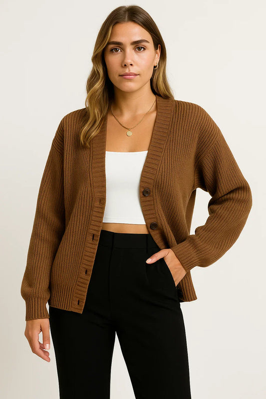 Maison Knit Cardigan | Ribbed V-Neck Button Design
