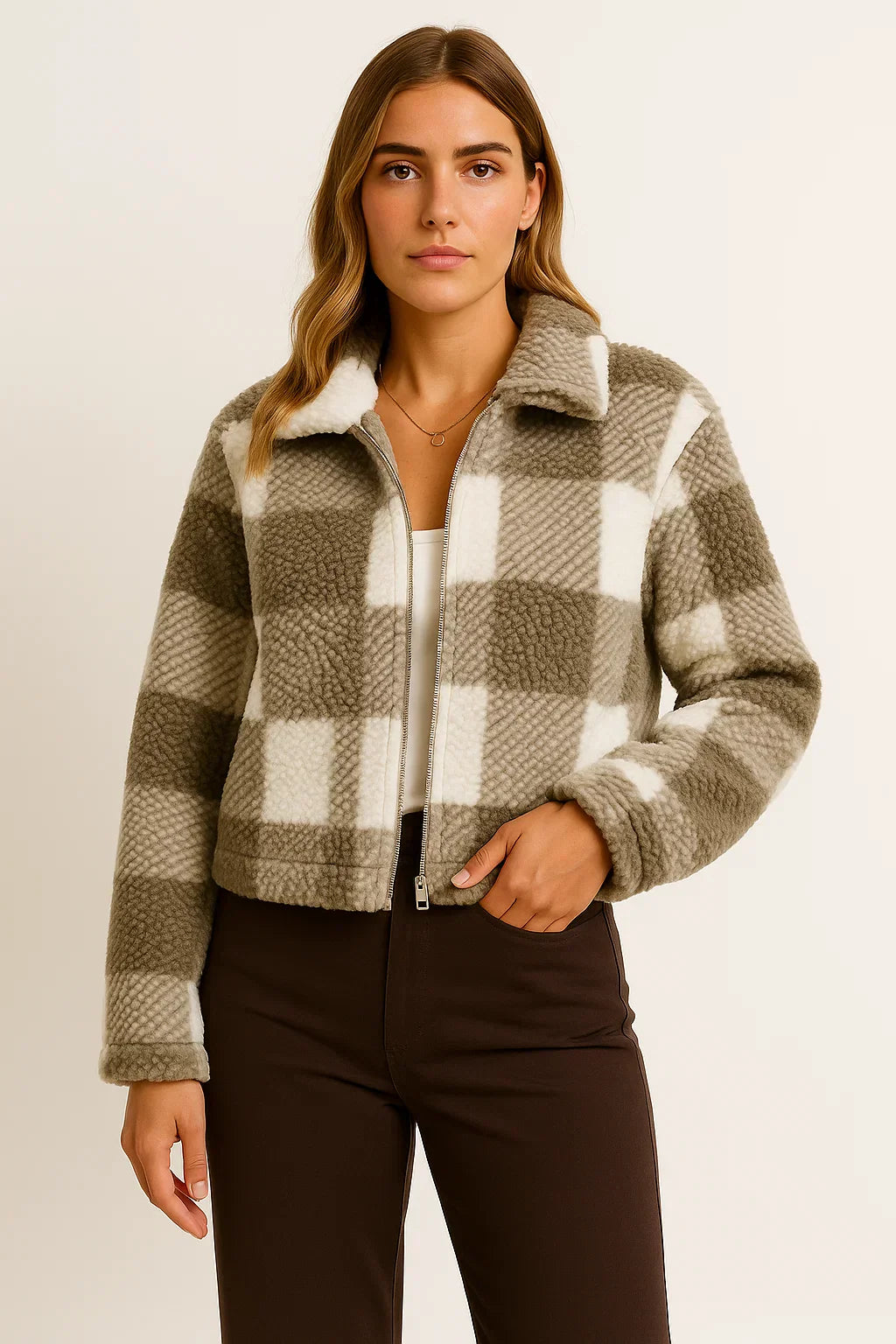 Checked Teddy Jacket | Zip Front | Soft Fleece Finish