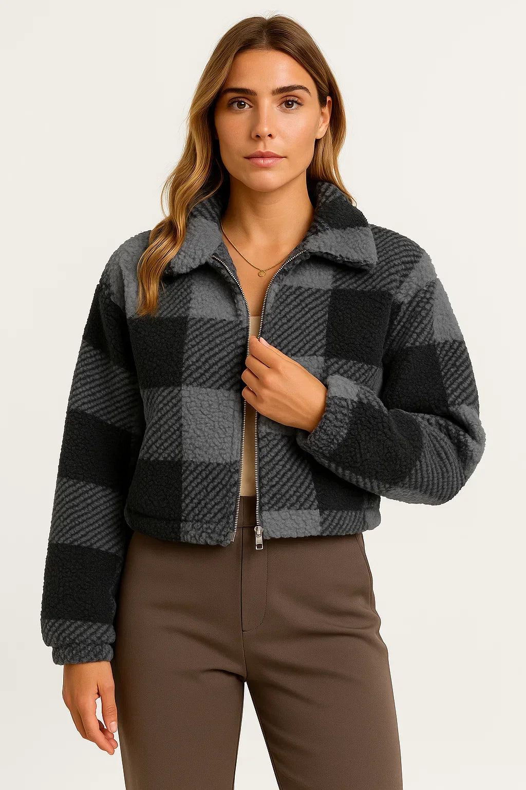 Checked Teddy Jacket | Zip Front | Soft Fleece Finish