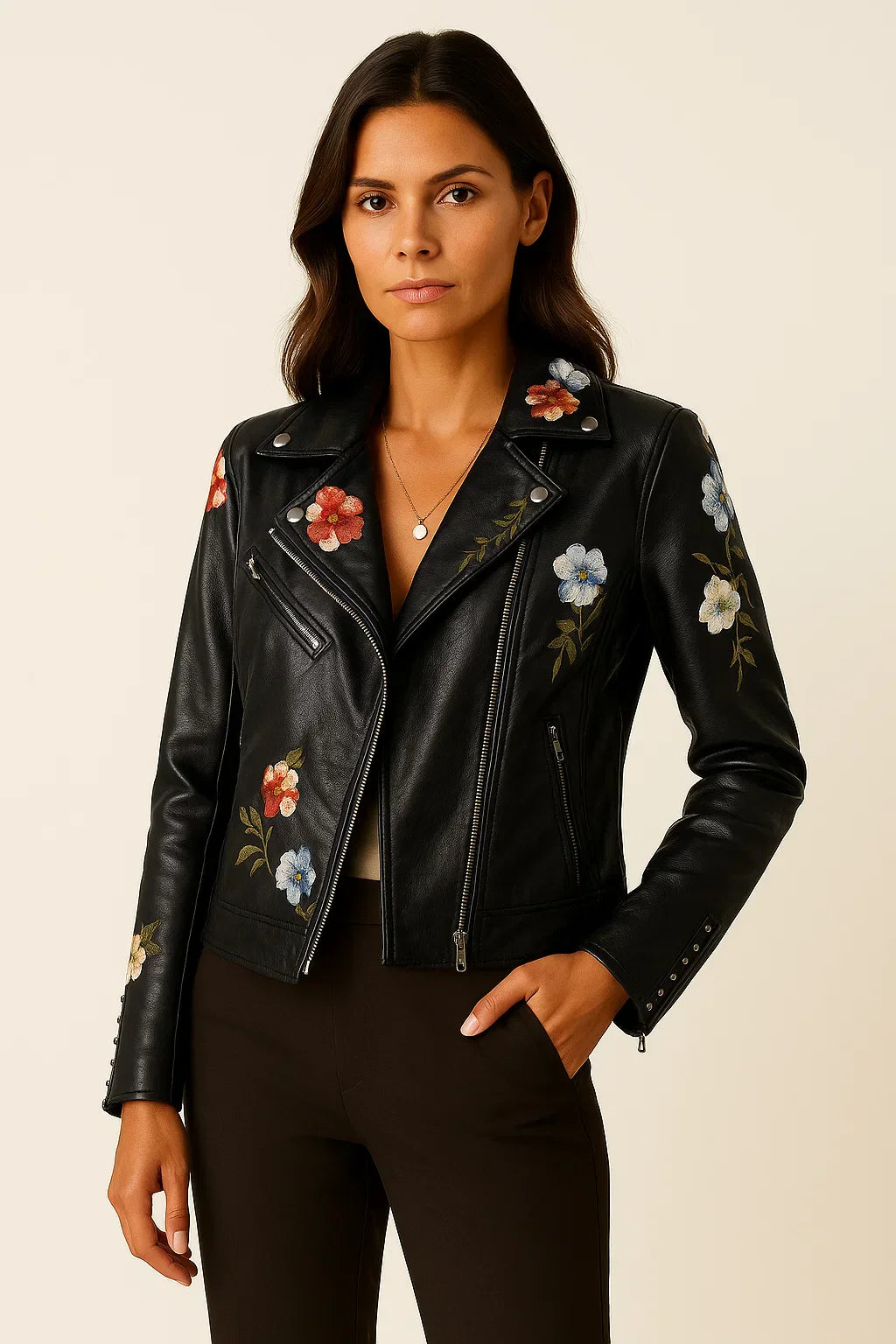 Embroidered Faux Leather Biker Jacket | Zip Closure | Tailored Fit