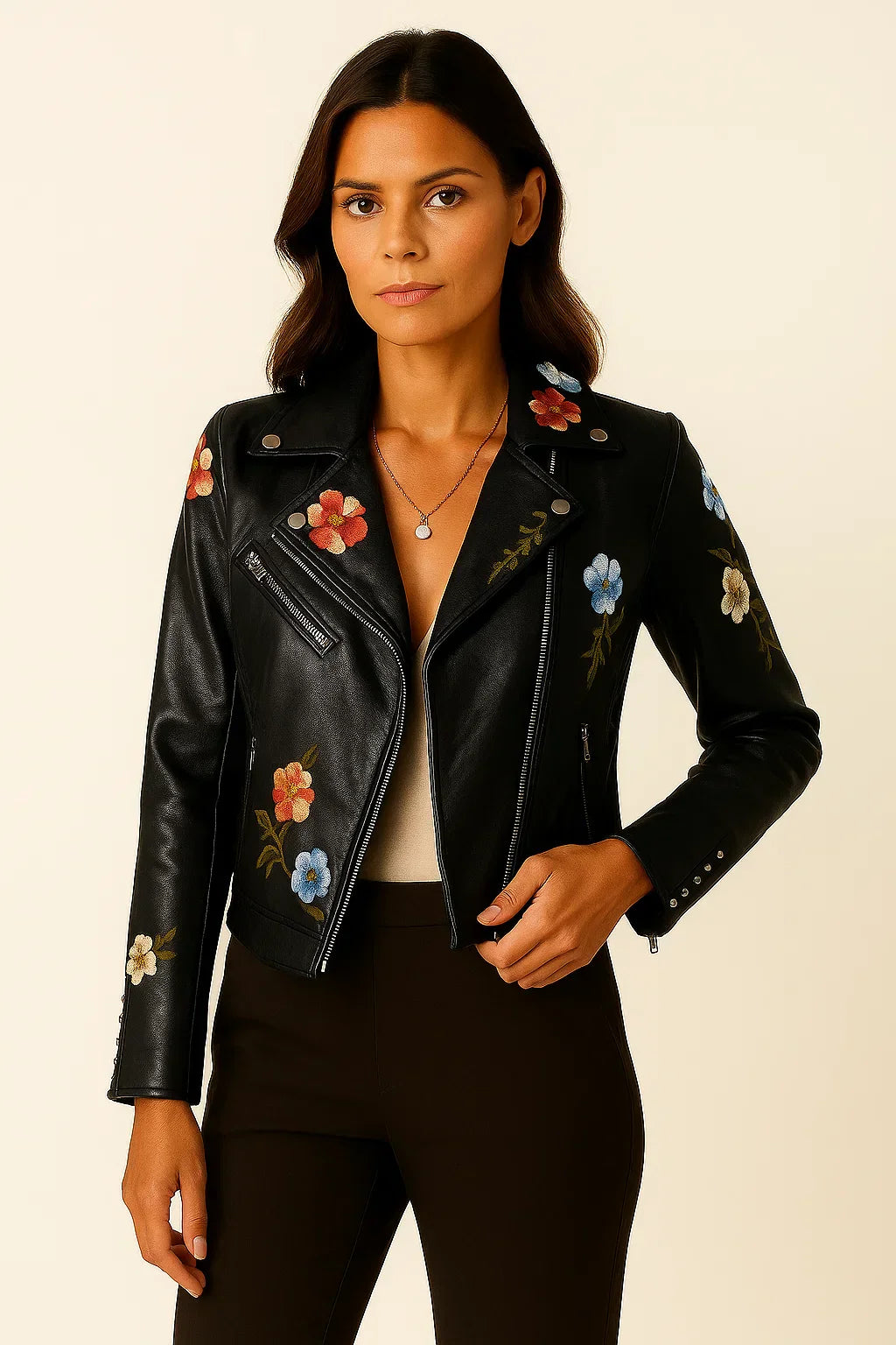 Embroidered Faux Leather Biker Jacket | Zip Closure | Tailored Fit