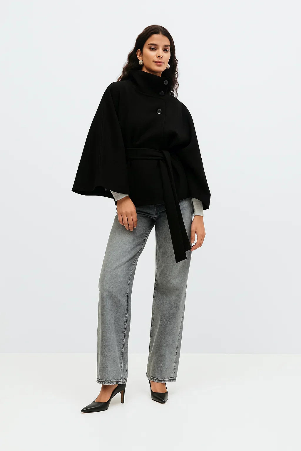 Cape Jacket with Belt | Stand Collar | Autumn Winter Layering