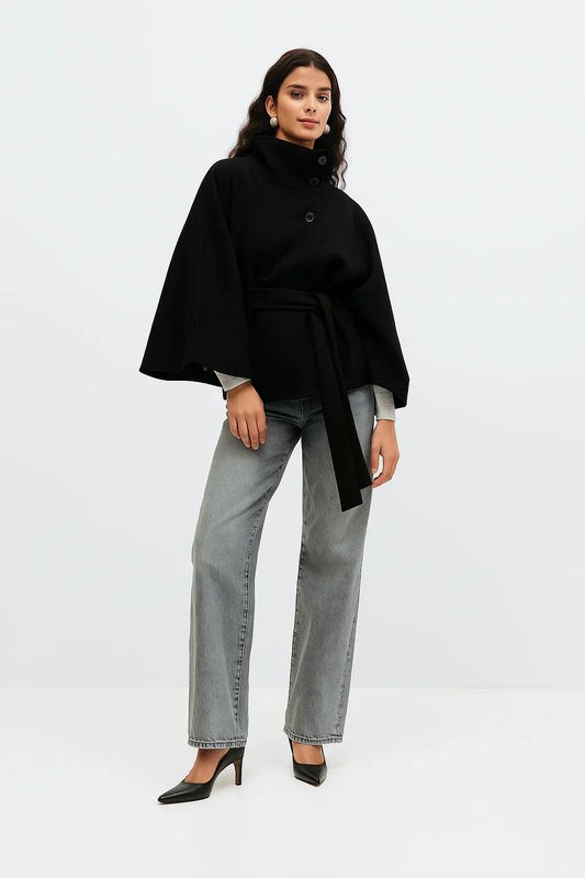 Cape Jacket with Belt | Stand Collar | Autumn Winter Layering