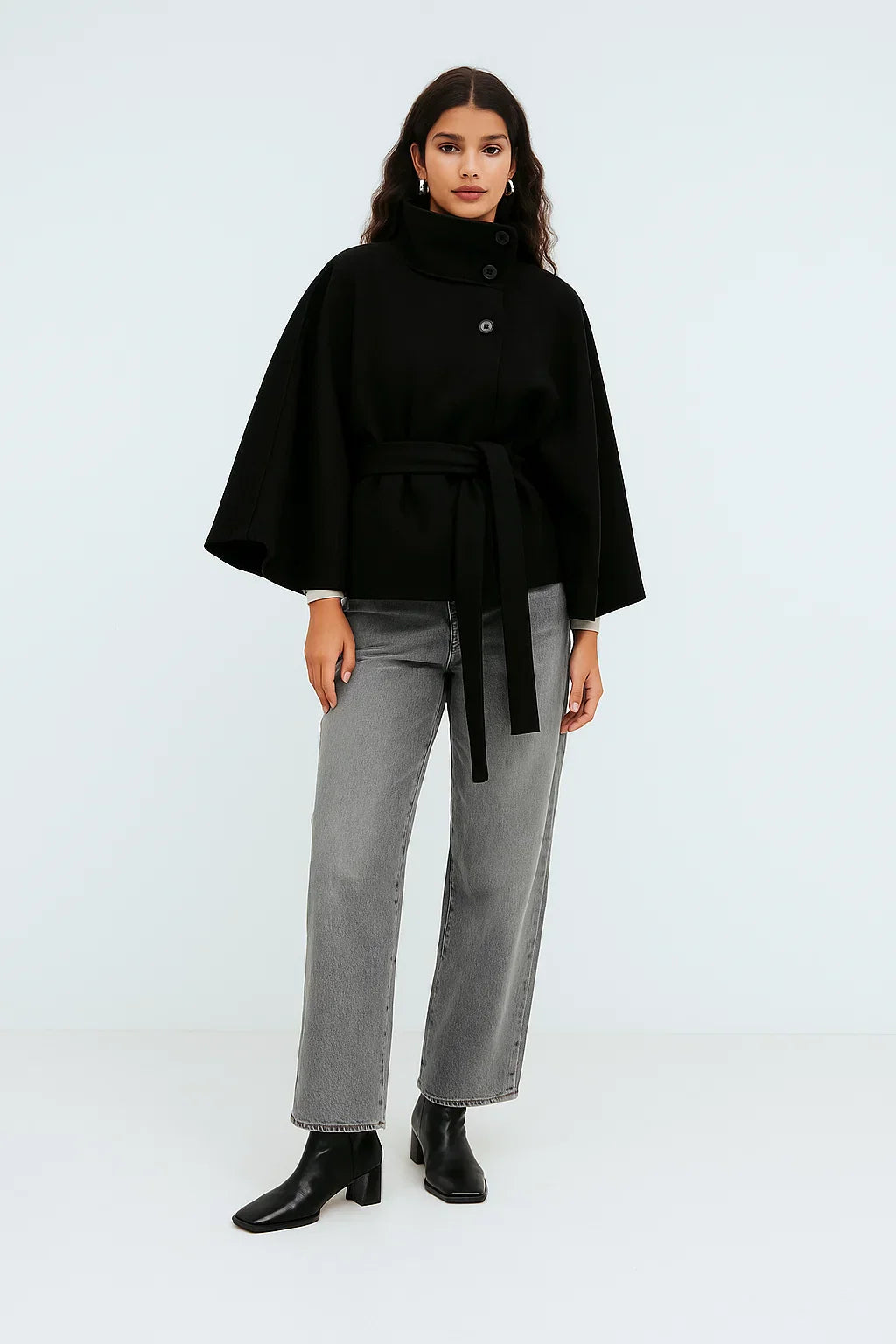 Cape Jacket with Belt | Stand Collar | Autumn Winter Layering
